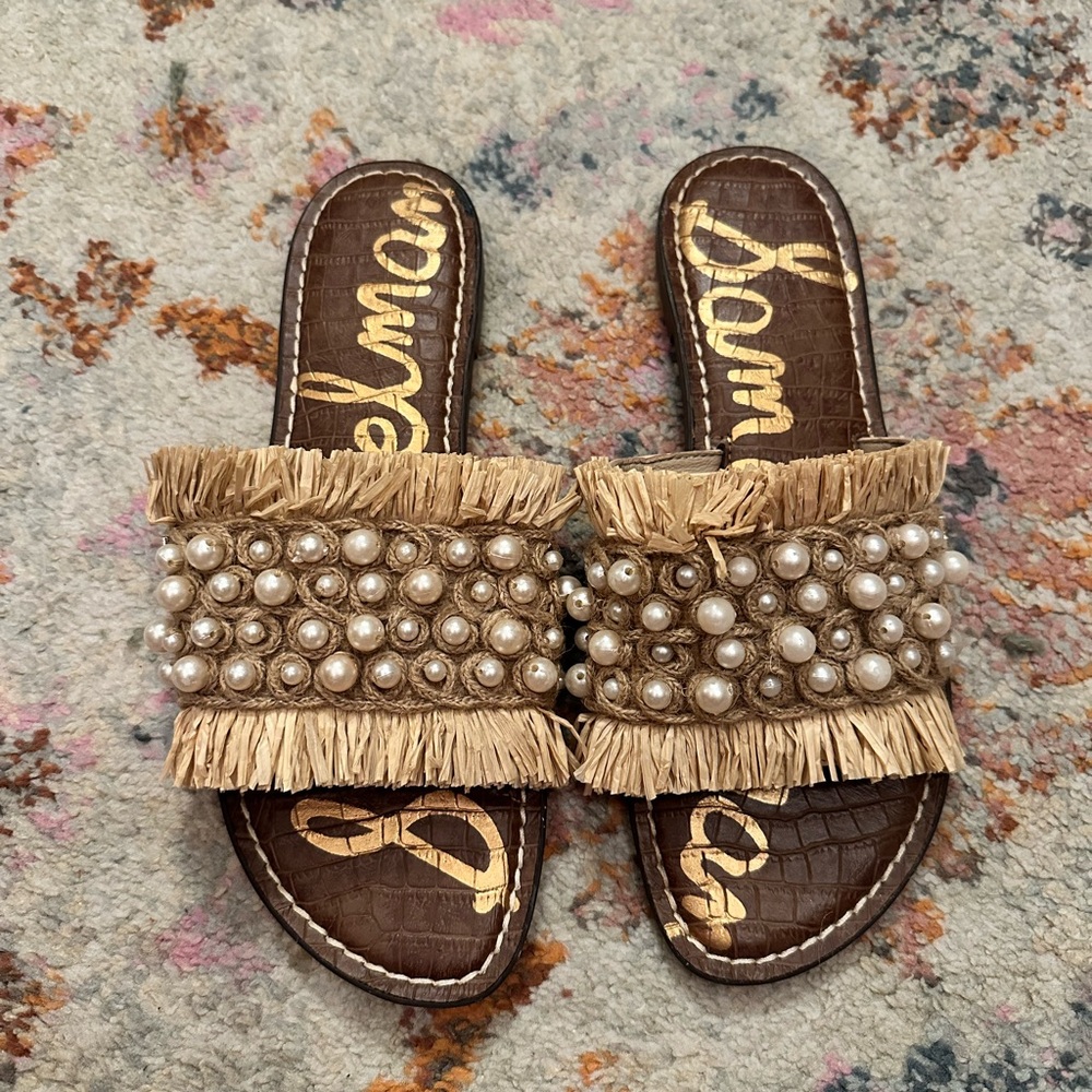 Sam Edelman Tan Pearl Embellished Women's Slides